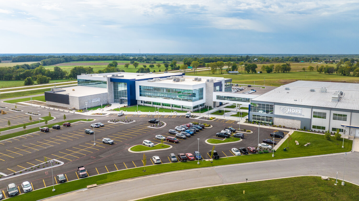 The $37 million, 200,000-square-foot Rick and Jan Britton Global Headquarters and Training Center, at left, is open at 1 Convoy Drive near Amazon’s Republic facility.
